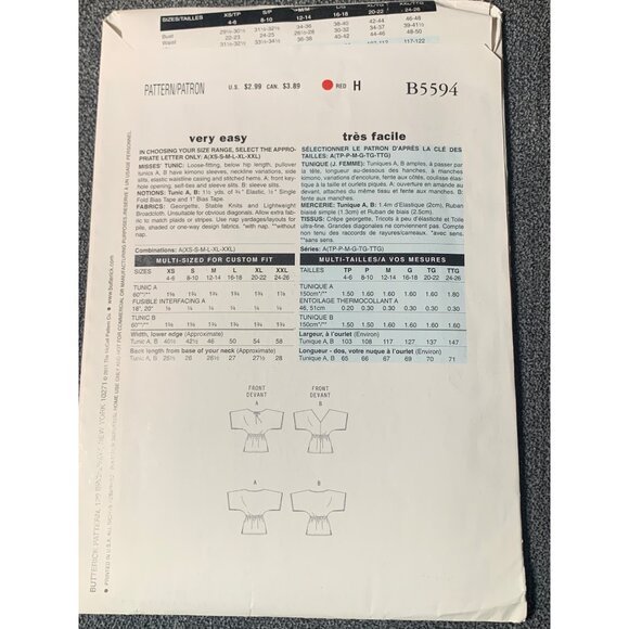 See & Sew Pattern B5594 Misses' Tunics Shirt Size XS-XL uncut - Picture 2 of 2